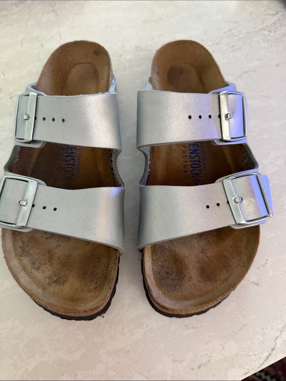 Like New 37 Classic Birkenstock Silver Double-Strap Buckle Sandals